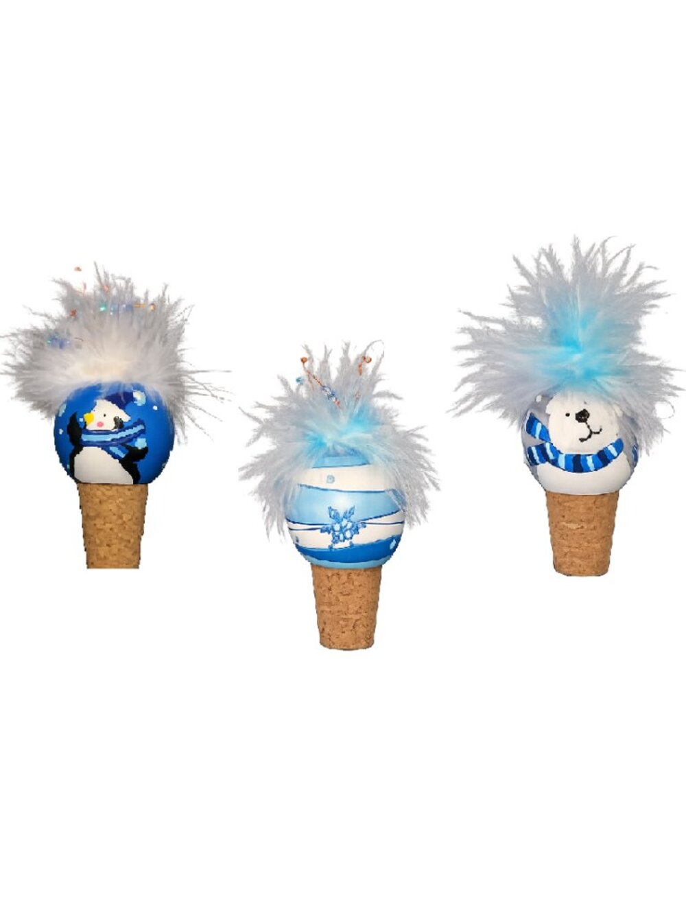 Set of 12 Assorted Christmas Winter Wine Bottle Stoppers w Feathers & Beads